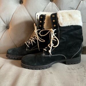 Cole Haan Nike Air Becca Black Suede Boots 10 B With White Fur Trim Waterproof